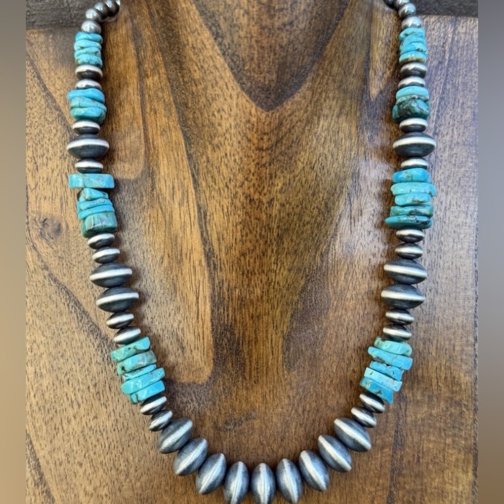 Sterling Silver Blue Turquoise W Flat Saucer Pearls Bead Necklace. 18 inch